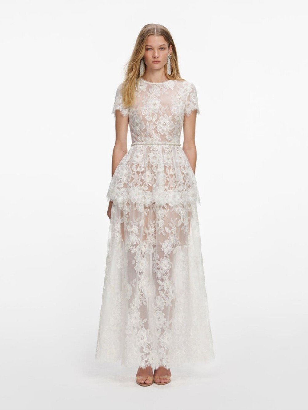 Self Portrait White Sequin Lace Tiered Maxi Dress